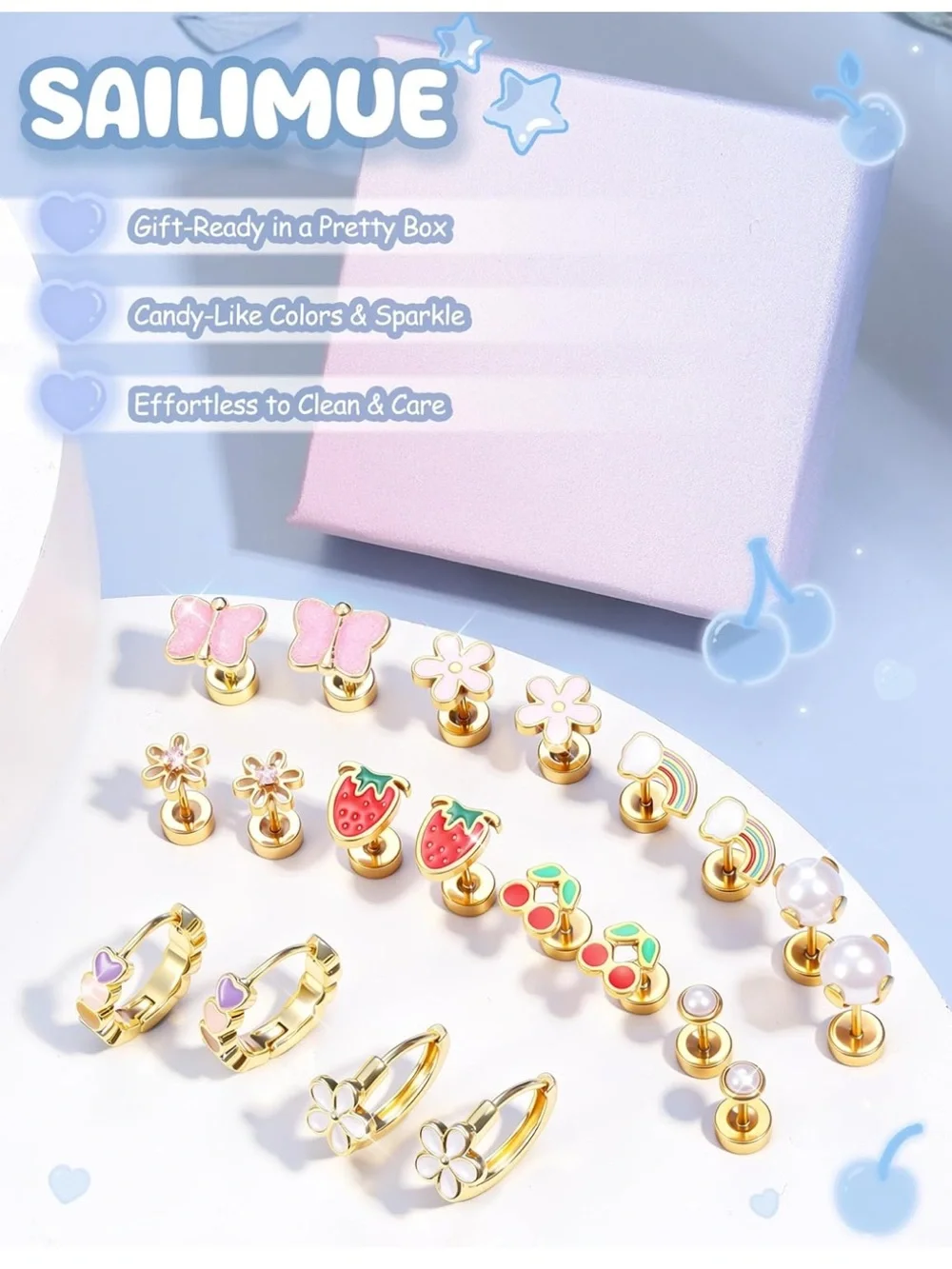 SAILIMUE Hypoallergenic Flat Back Earrings Surgical Steel Sensitive Studs Girl